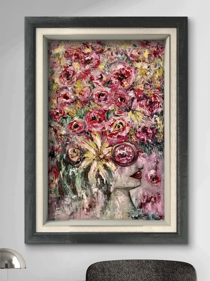 Pink wisdom-fantasy woman in flowers,womanoriginal oil painting,impasto painting,unique canvas art,original artwork,fantasy woman in roses.