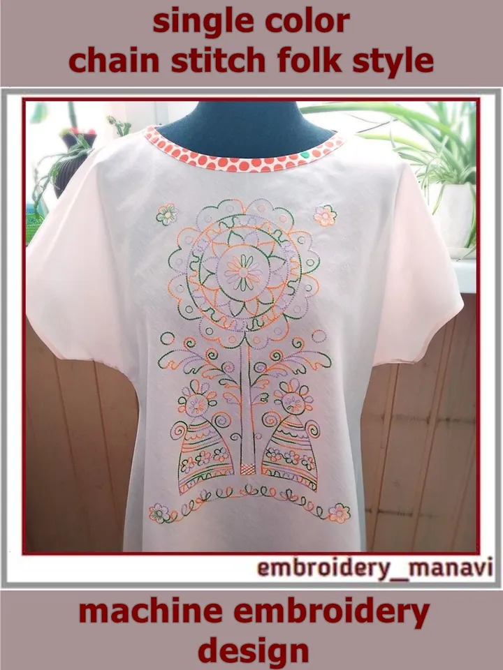 Machine embroidery design Single color chain stitch folk style by Embroidery Manavi 05