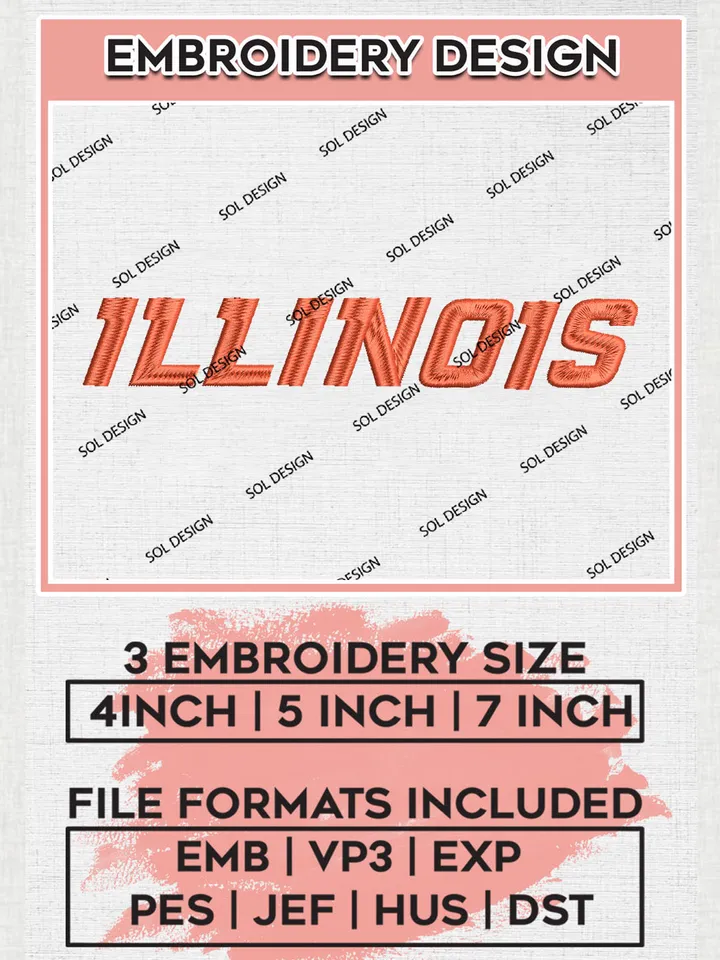NCAA Illinois College Football Team Word Logo Embroidery Design Files, NCAA Illinois Fighting Illini Machine Embroidery, NCAA Teams, Game Day, 3 sizes, NCAA Machine embroidery designs, Digital Download
