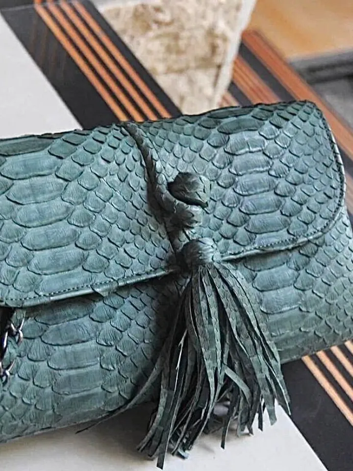 Genuine Python Skin Clutch with tassel |women purse | exotic leather bags | dark green evening clutch | designer crossbody bag handmade