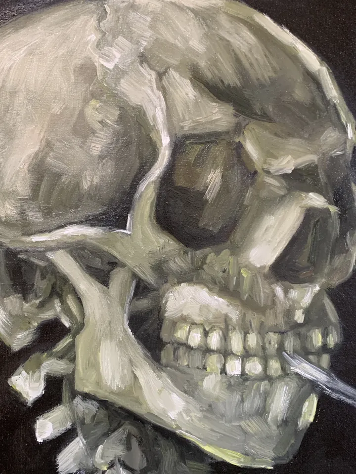 Skull with Burning Cigarette (Replica) – Oil Painting on Canvas 12×16 in by MyFoxyArt