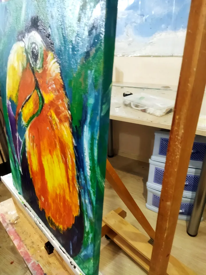 Oil painting on canvas with a bird