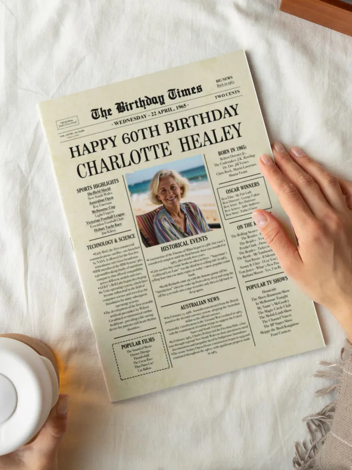 Australian 60th Birthday Newspaper poster gift, 1965 Personalized Printable, 1965 Australian facts, 60th Birthday Decoration Back in 1965