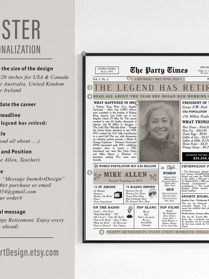 Retirement Newspaper Poster for Women, Unique Retirement Gift Printable, Retirement Decor Sign, Personalized Digital Download