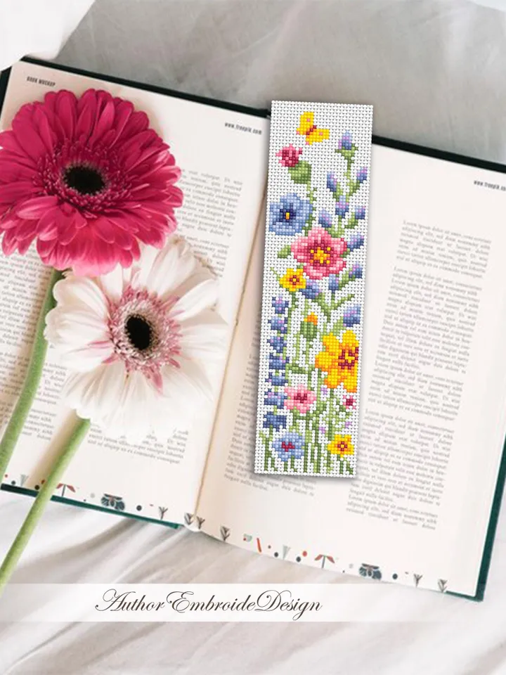 Flower bookmark cross stitch pattern PDF download Wildflowers cross stitch chart, Floral bookmark pattern digital, Watercolor flowers #B453