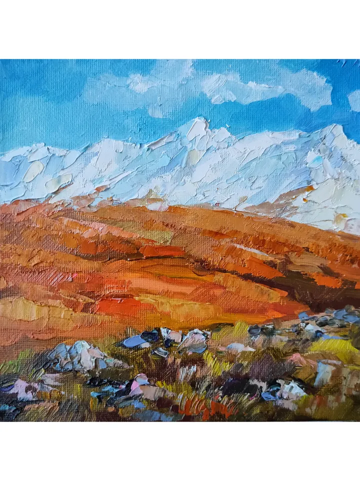 Painting Landscape Autumn Mountains Canvas on Cardboard Oil Wall Art Impasto Painting on Canvas 6 by 6 inches Original Painting by Natalia