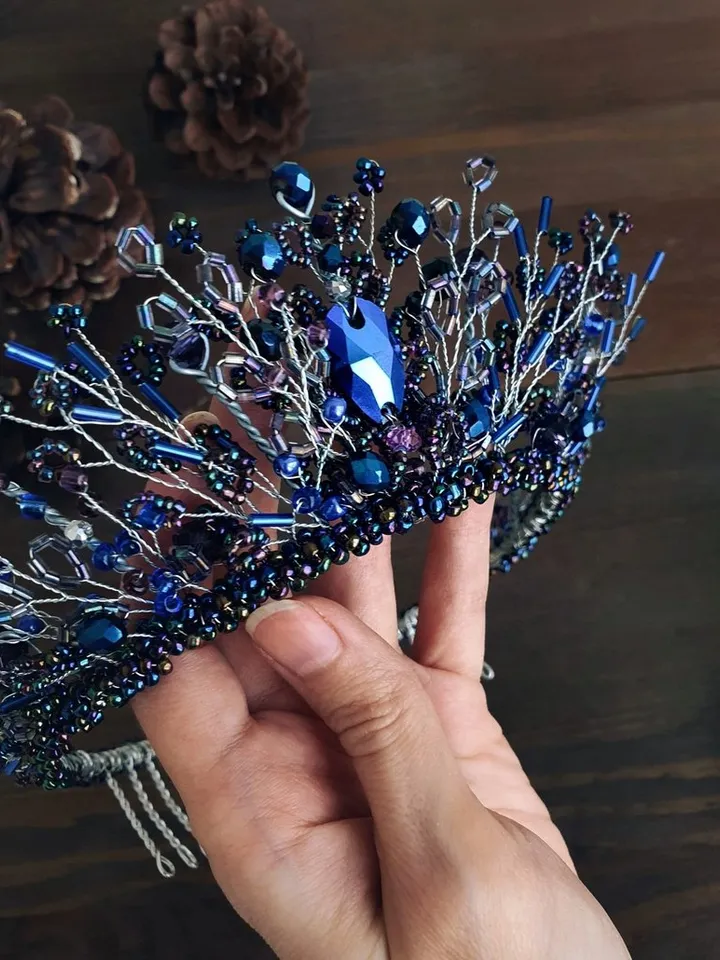 Dark blue crown, blue silver diadem, Dark blue tiara, Blue wedding accessories