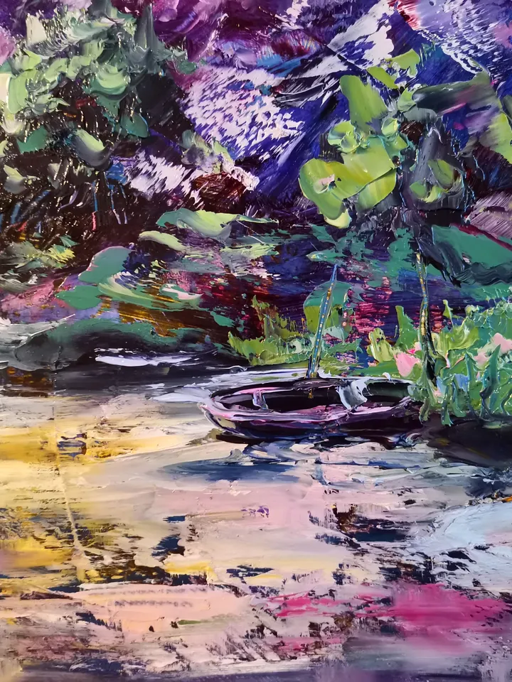 Mountains Waterfall Sunset Boat Original Art Oil Painting Artist Svinar Oksana