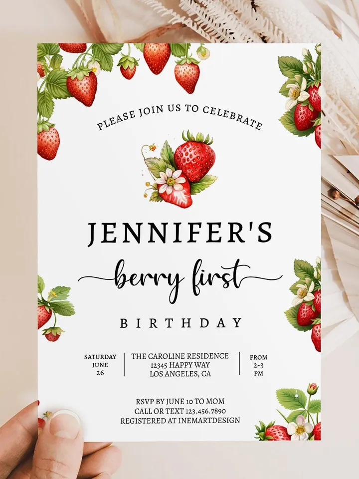 Editable Strawberry First Birthday Invitation Template Girl 1st Birthday Party Invite Berry First Birthday Cute Sweet Printable BF001