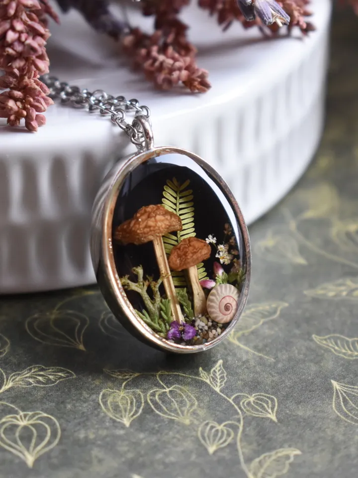 Real mushroom pendant. Necklace with dried mushrooms in resin. Necklace with a forest composition.