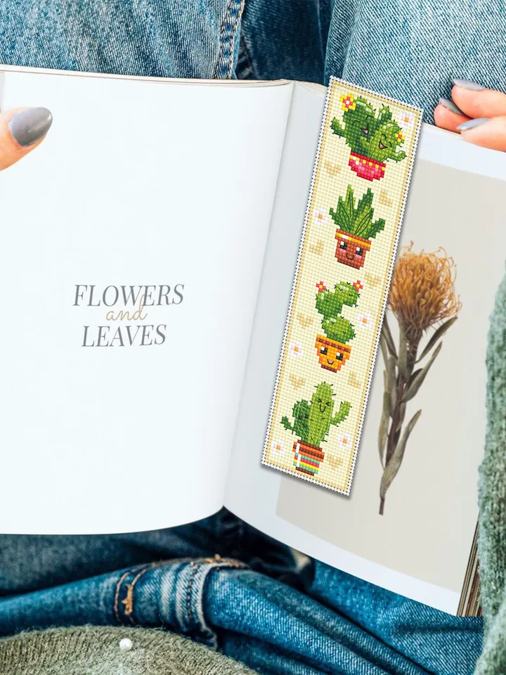 Cactus bookmark cross stitch pattern PDF download Kawaii cactus cross stitch chart, Floral bookmark pattern digital PDF, Potted plants #B340