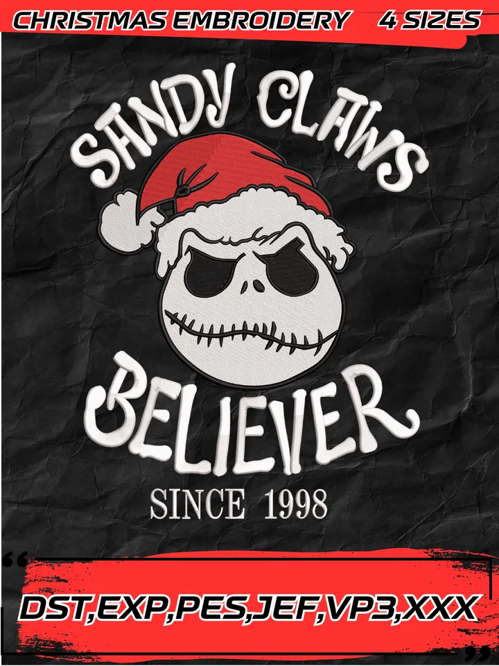 Jack Sandy Claws Believer Xmas Embroidery,Jack Embroidery,Christmas Embroidery Design,4 Sizes,Digital Download