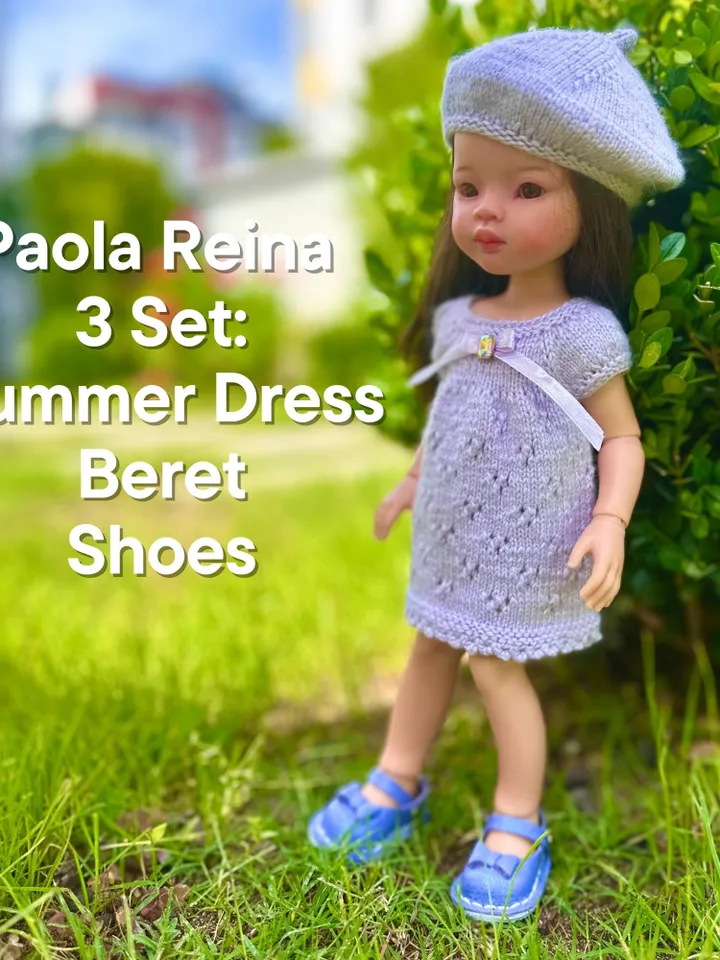 Paola Reina Doll 3 ITEMS Set: Exclusive Handmade Outfit - Dress, Beret, Shoes