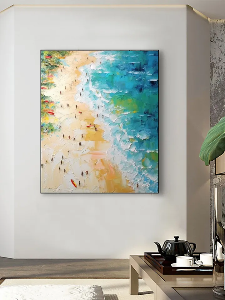 Original Beach Painting On Canvas, Summer Seaside Oil Painting, Golden Beach Art, Office Living Room Wall Art, Large Wall Art, Home Decor