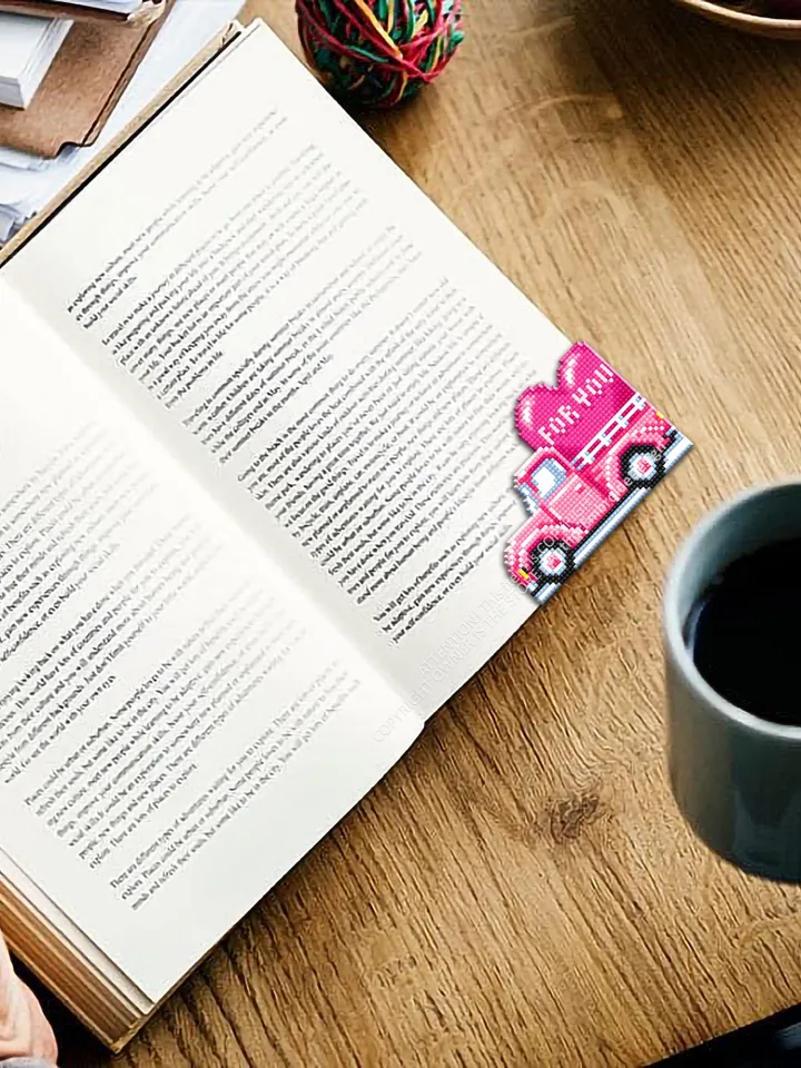 Valentine truck Corner bookmark cross stitch pattern PDF download Pink truck cross stitch chart Valentine bookmark pattern digital PDF #B398