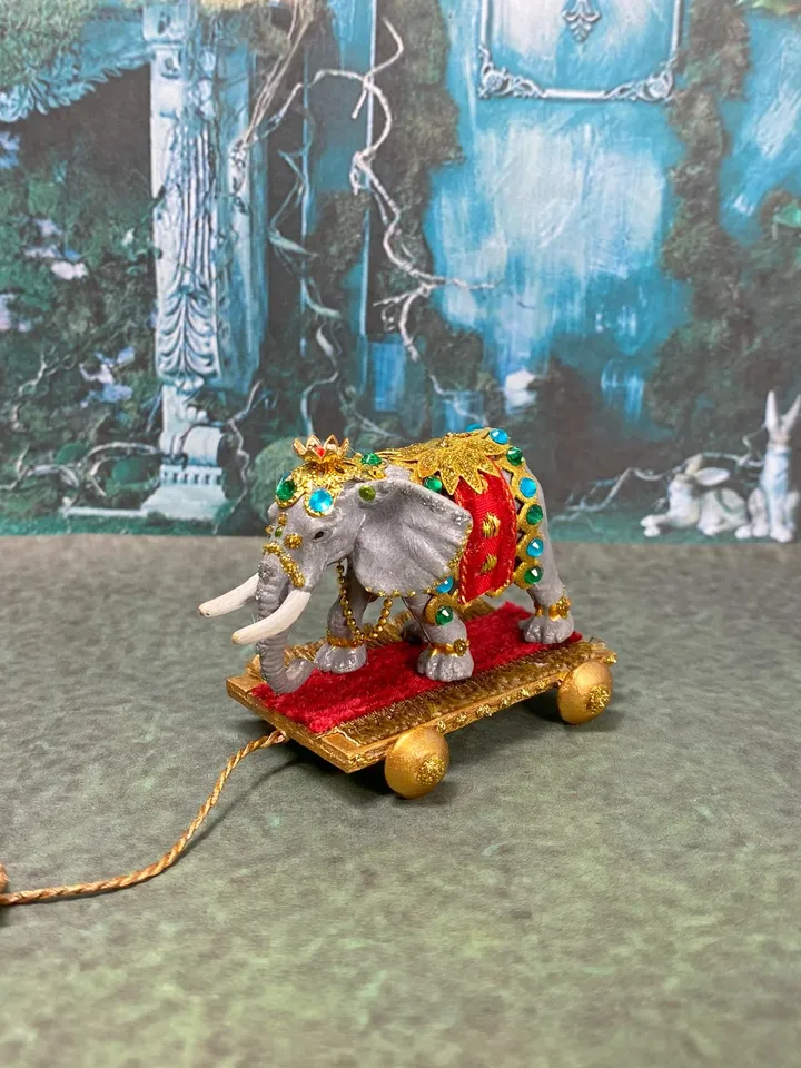 Elephant on a cart. Miniature. 1:12. Toy for a doll. Elephant. Animal for a doll.