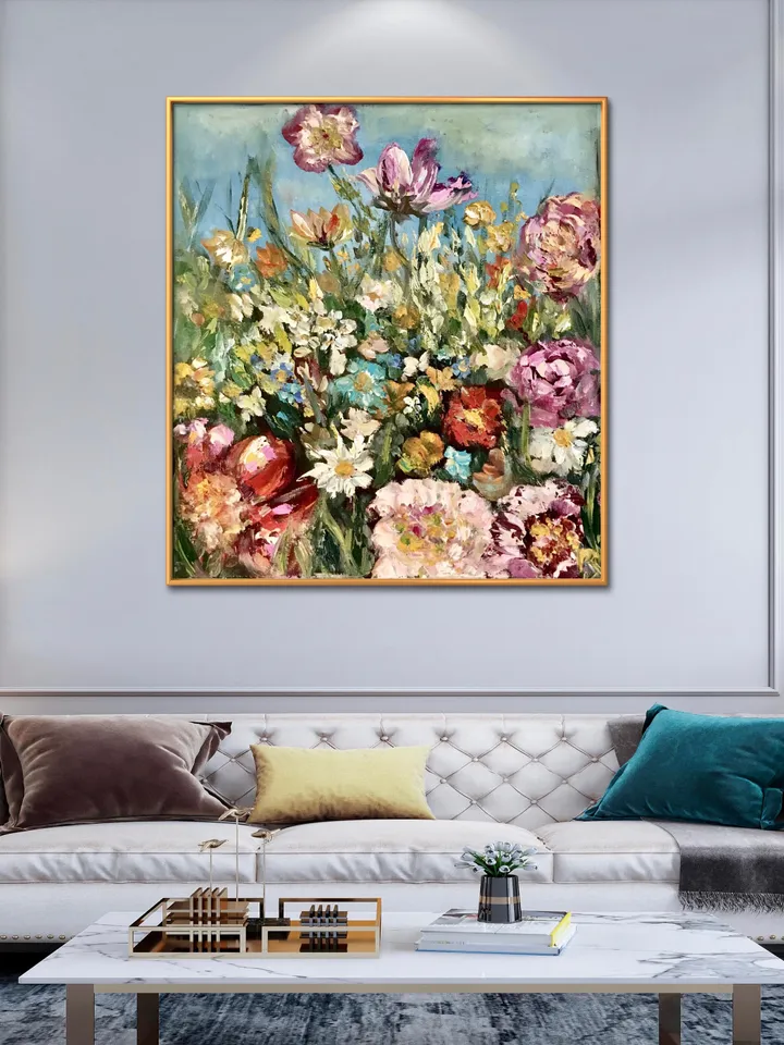 Colourful flowers original oil painting on unstretched canvas,field flowers painting,meadows painting,wild flowers wall art,flowers decor.