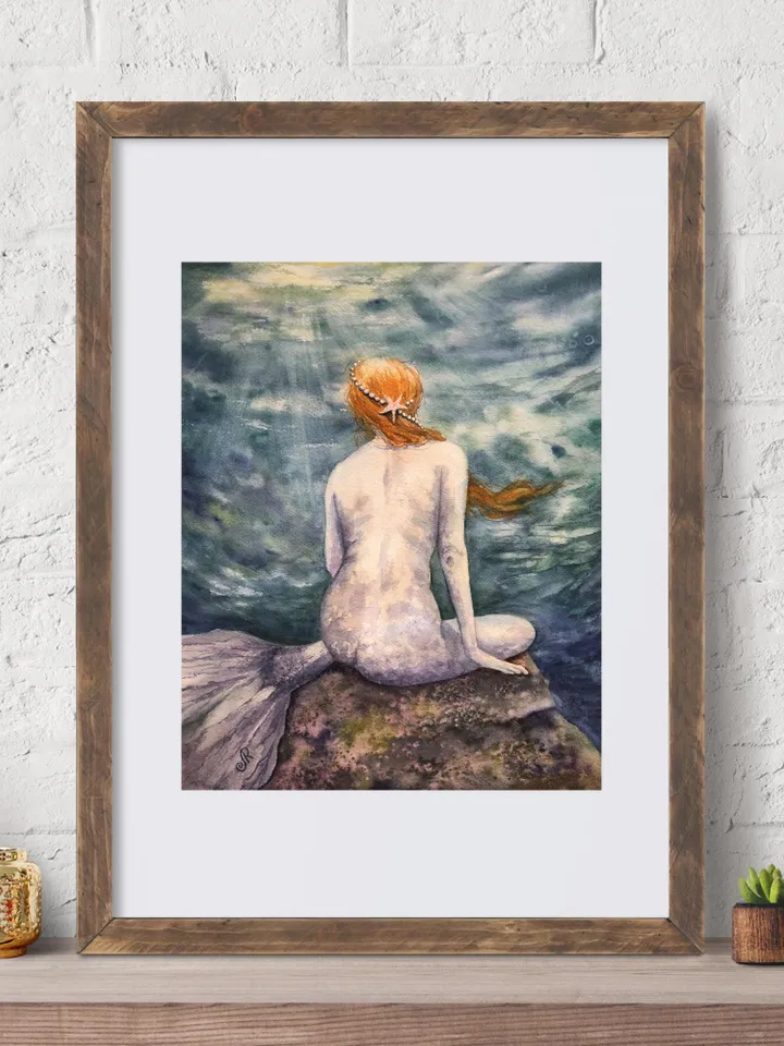 Mermaid Original Painting Woman Watercolor Wall Art
