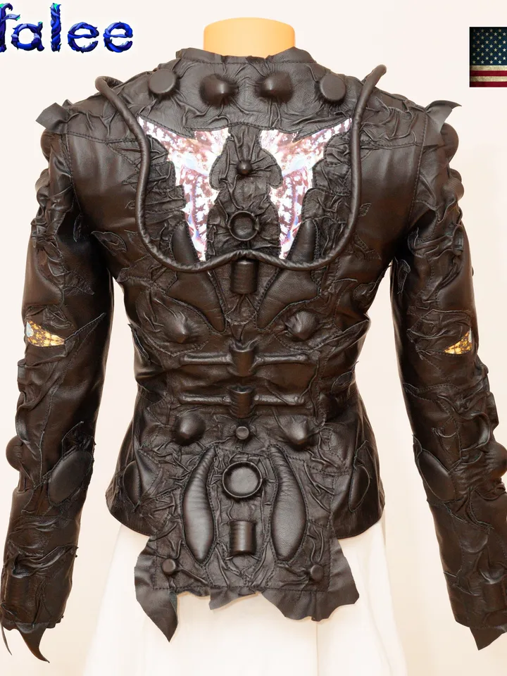 Women's short handmade jacket of genuine leather black color cyberpunk style. Cosmic futuristic design leather clothes