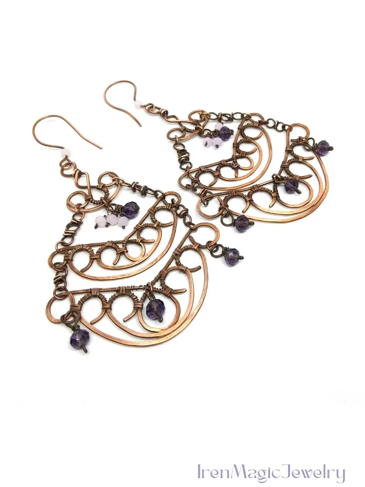 Airy Copper Boho Earrings in Soft Pink and Purple
