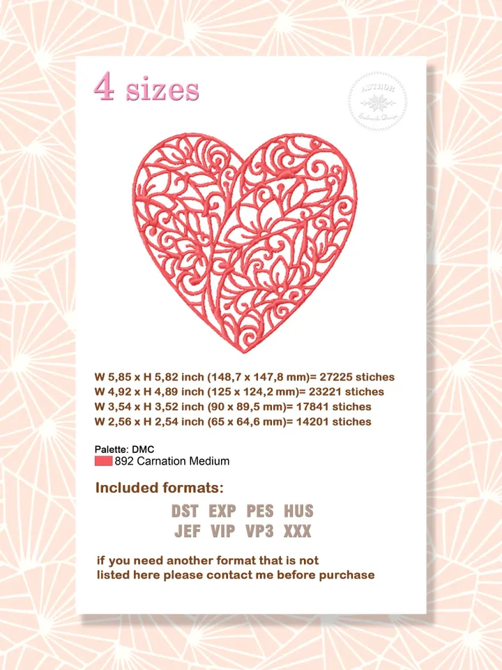 Floral Heart embroidery design Machine embroidery pattern 4 sizes, Embroidery files heart ornament instant download, Valentine heart #R22