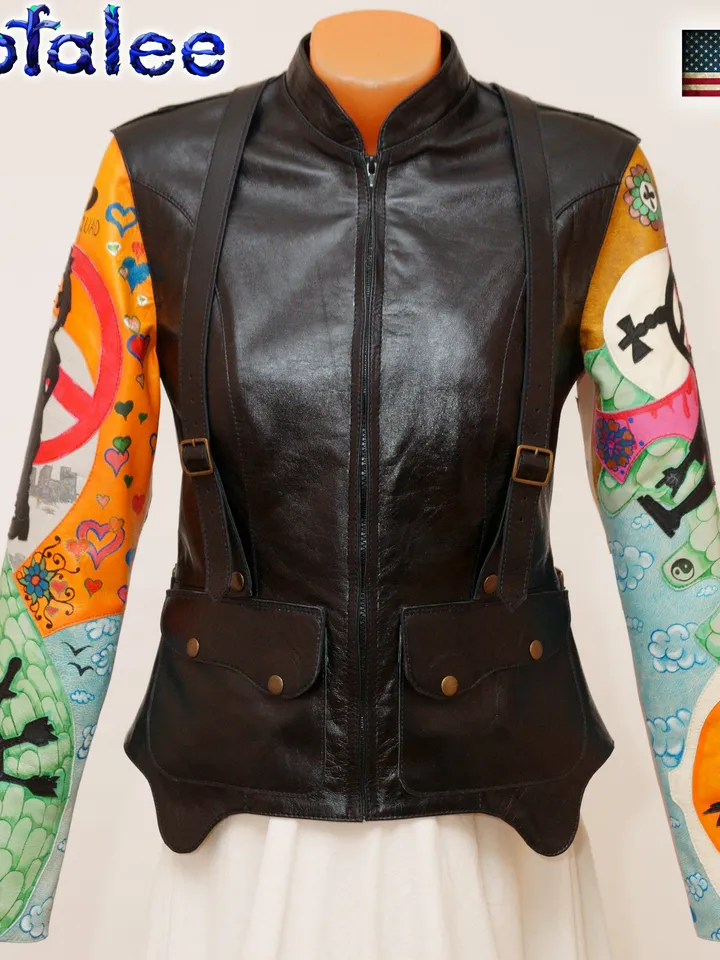 Exclusive women's handmade genuine black leather jacket bright applications sleeves. Painting lamb on leather clothes.