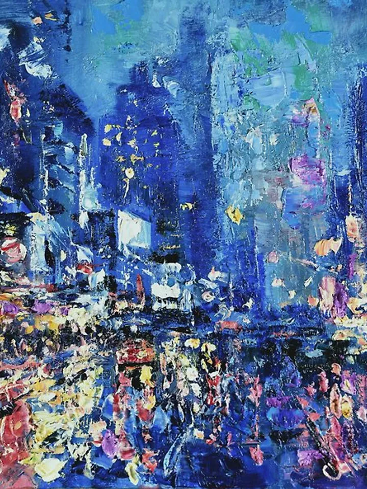 New York Painting Rainy NYC Original Art Night Street City Artwork 油畫原作