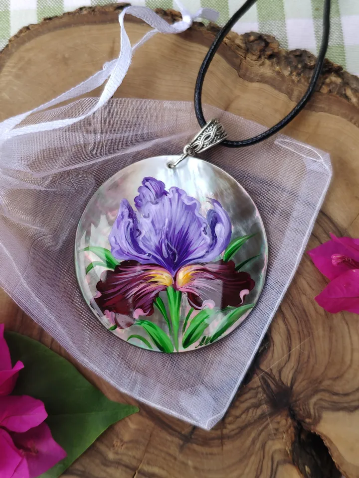 Pearl pendant necklace: Purple iris flower hand painted on dainty necklace • trendy art jewelry fitting for cute dress • fresh floral style