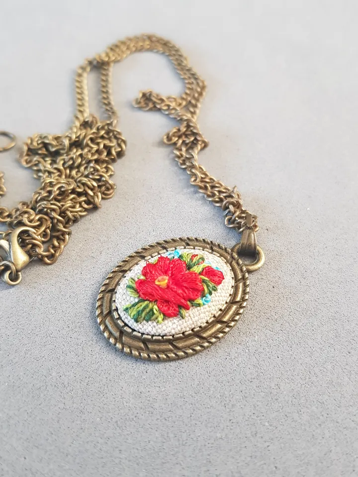 Ribbon embroidered pendant for her, red flower jewelry embroidery