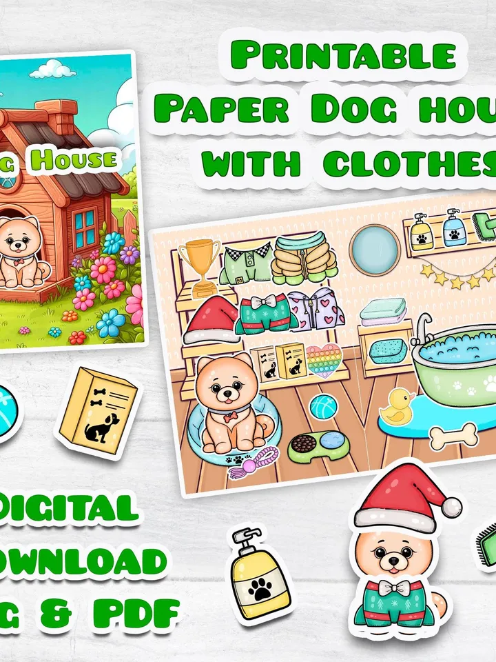Printable Paper dog doll house, printable dog with a set clothes, Holiday Blythe paper doll dress up, Busy book printable crafts kids