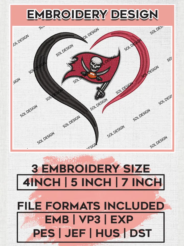 Tampa Bay Buccaneers Heart Embroidery Designs, NFL Buccaneers, NFL Embroidery Designs, NFL Tampa Bay Buccaneers Machine Embroidery Design, Digital Download