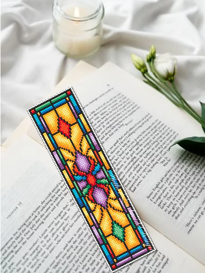 Stained glass bookmark cross stitch pattern PDF download Stained glass flower cross stitch chart, Modern bookmark pattern digital PDF #B296