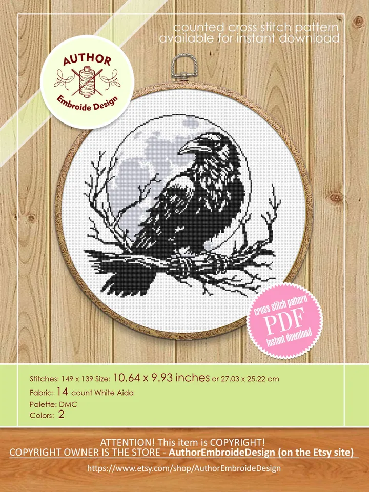 Raven cross stitch pattern PDF download Woodcut crow cross stitch chart, Gothic pattern digital PDF, Full moon, Halloween pattern #L88
