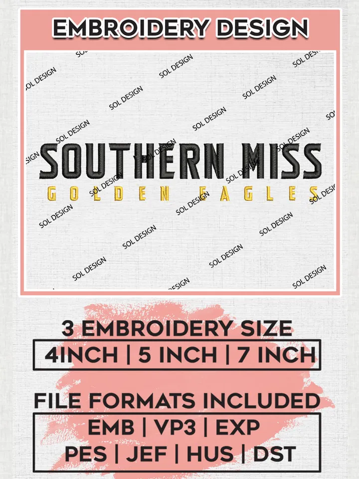 Southern Miss Golden Eagles Football Team Writing Logo Embroidery Design Files, NCAA Southern Miss Golden Eagles Machine Embroidery, NCAA Teams, Game Day, 3 sizes, NCAA Machine embroidery designs, Digital Download