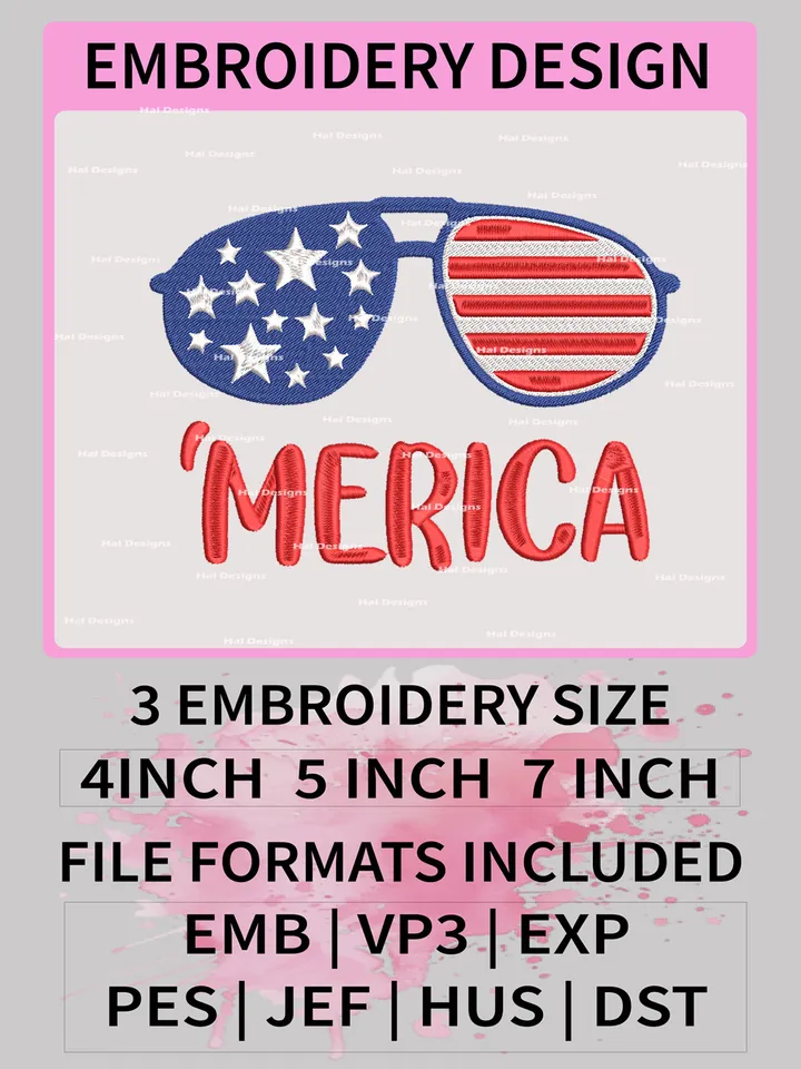 America Sunglasses Embroidery Designs, America Machine Embroidery Patte, Sunglasses Logo Embroidery Files