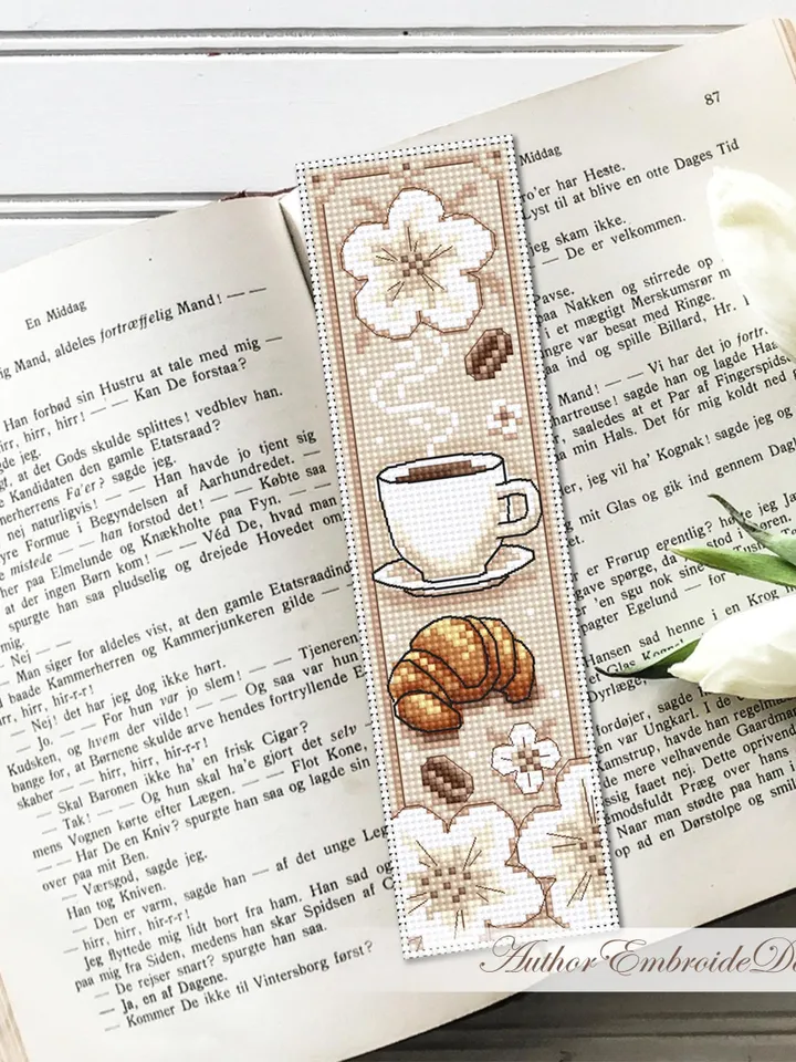 Coffee bookmark cross stitch pattern PDF download Coffee cup and croissant cross stitch chart Bookmark pattern digital PDF Coffee gift #B374