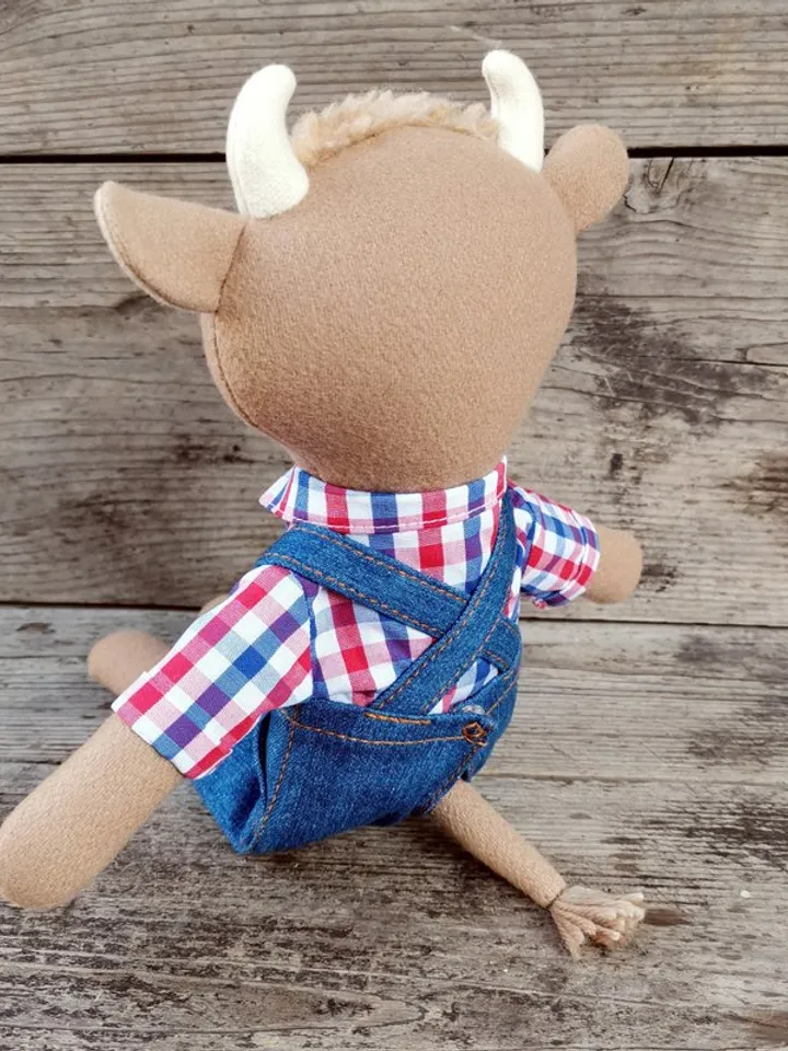 Beige bull, handmade plush cow doll, stuffed wool fabric toy, bull textile doll