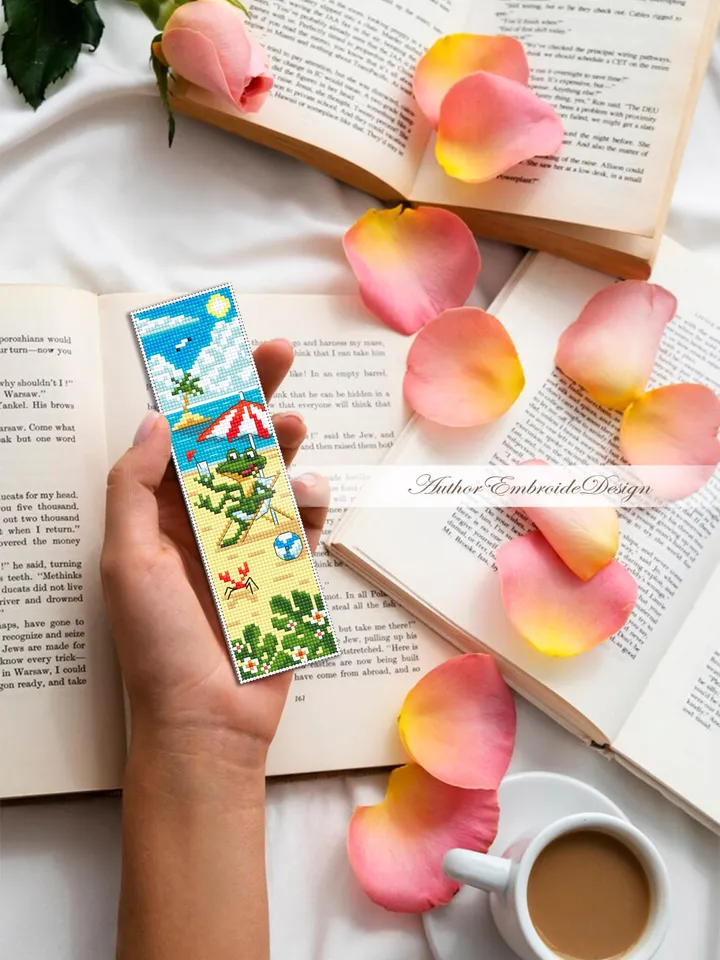 Summer bookmark cross stitch pattern PDF download Funny frog cross stitch chart, Beach bookmark pattern digital PDF, Beach vacation #B448