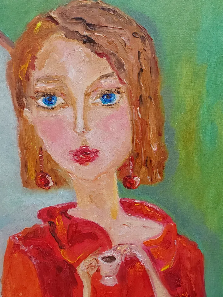 Oil painting on canvas "Portrait of woman in red. Imitating Modigliani" 40x50cm (16x20inch)The painting is sold. A copy is possible.