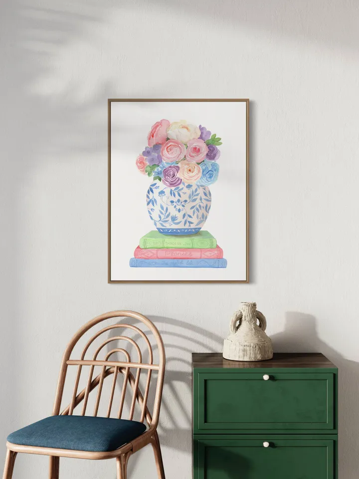Chinoiserie Book Illustration Print, Watercolor Painting, Book Lover Gift, Book Stack Decor, Ginger Jar Print, Chinoiserie Wall Art, Bouquet