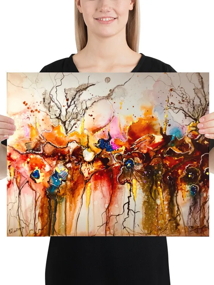 Photo paper poster from my original mix media artwork on yupo paper,colourful floral fantasy wall decoration,unique gift.