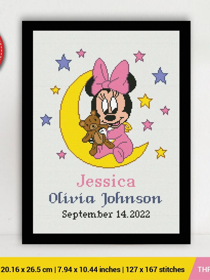 Minnie Birth announcement cross stitch pattern, Mouse, baby, personalized, girl nursery, counted, chart, gift DIY, embroidery, instant PDF