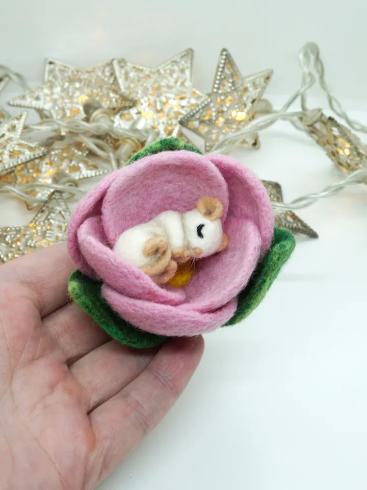 Miniature needle felted mouse sleeping in a pink flower, baby mouse, white mouse, made to order