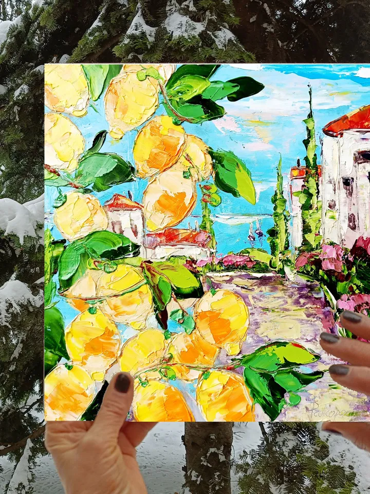 Amalfi Lemon Tree Painting Courtyard Original Art Impasto Oil Painting 10x10 Coastal View Free Shipping Floral Wall Art by ArtProkopaloSv