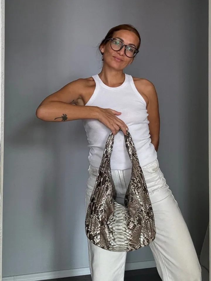 Soft Hobo Classy Sport Woman Stitched Bag | Purse Genuine Python Skin | Gray Big Elegant Leather Designer Soft Bag Snake | reptile hobo