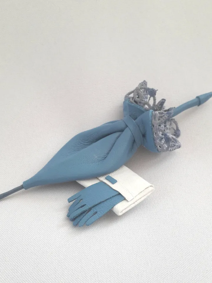 Blue leather brooch umbrella for her , 3rd anniversary gift for wife, Leather women's jewelry