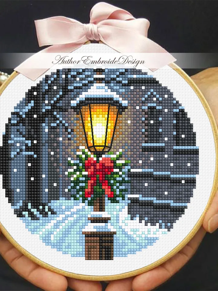 Christmas houses cross stitch pattern PDF download Winter landscape cross stitch chart, Christmas pattern digital PDF, Northern lights #N181