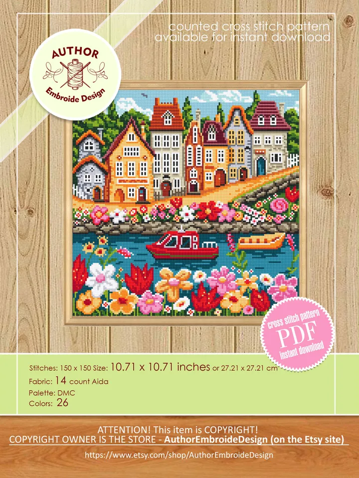 Summer houses cross stitch pattern PDF download Nature landscape cross stitch chart, Flower village pattern digital PDF, Home decor #E17