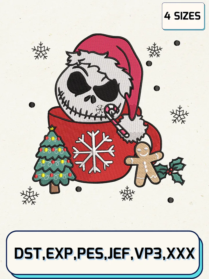 Jack Skellington Christmas Embroidery Design,Christmas Embroidery Designs,Machine Embroidery Files,Jack Skellington Embroidery Design,4 Sizes