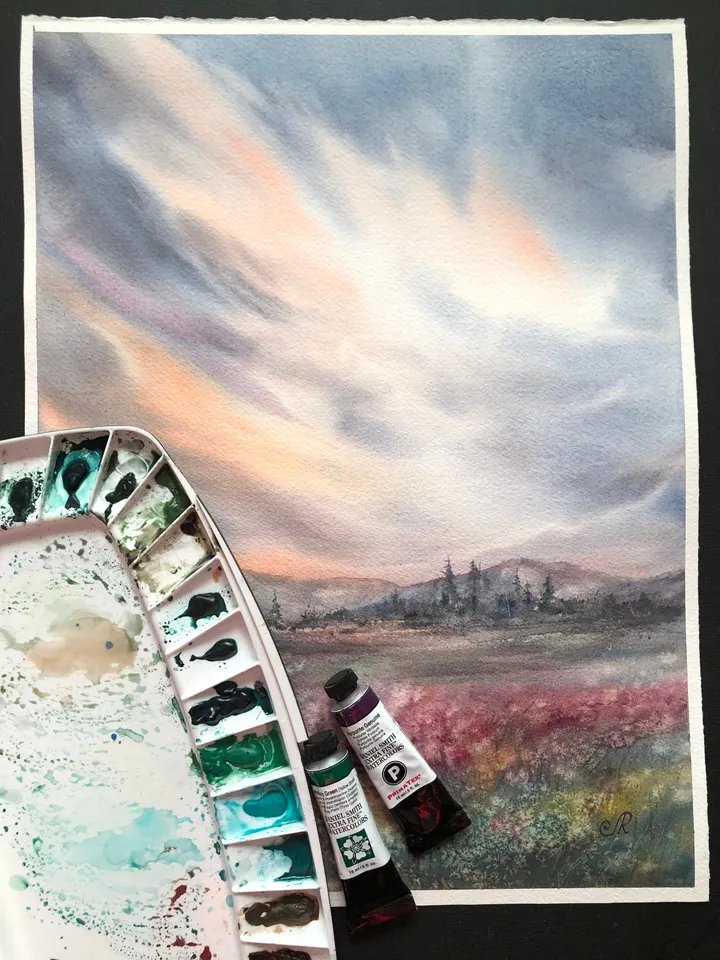 Field Painting Original Watercolor Painting Sunset Painting Landscape Wall Art Sky Painting